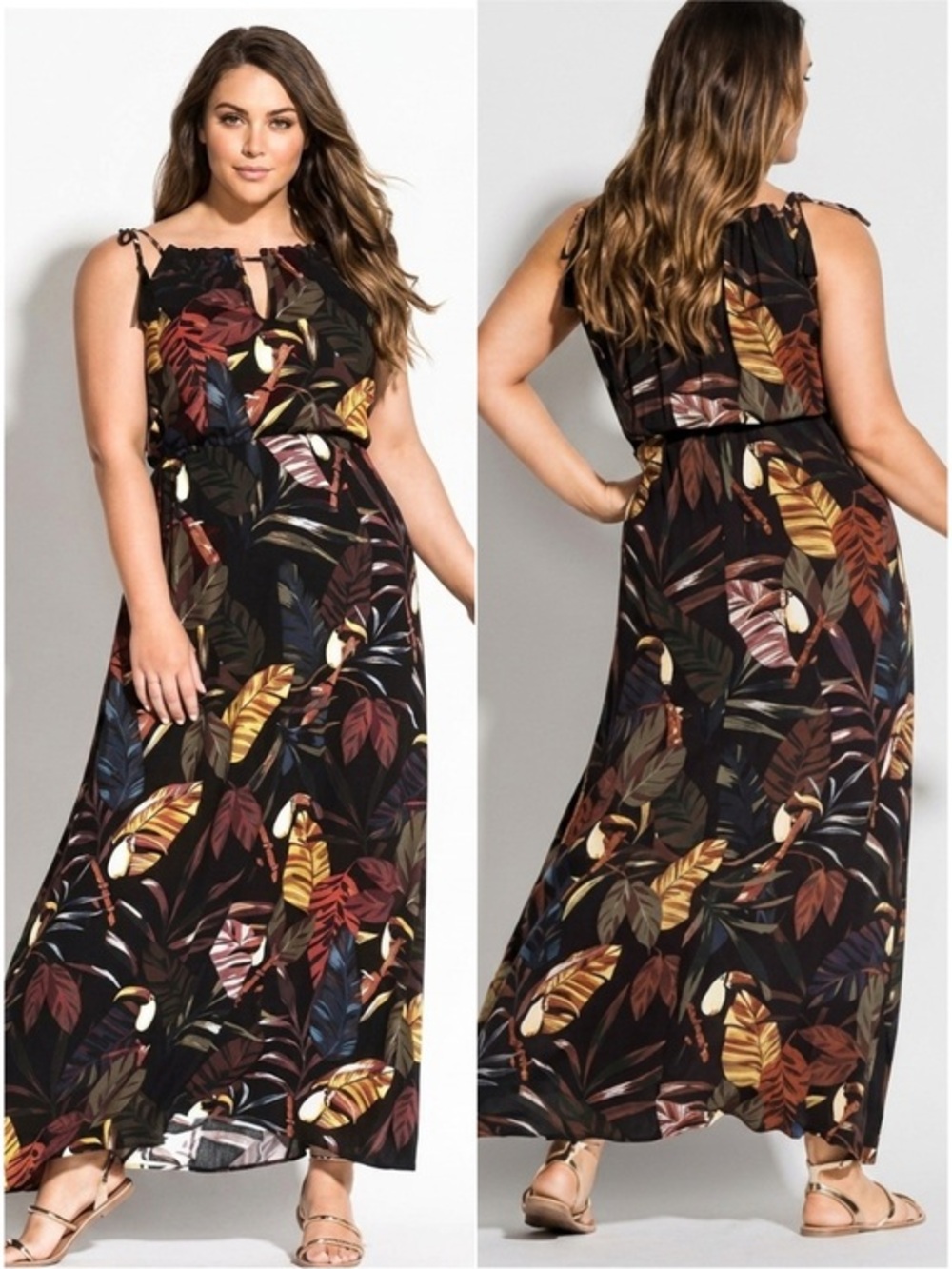 City Chic Black Floral Canopy Maxi Dress Size 14 Tropical Toucan Leaf Print